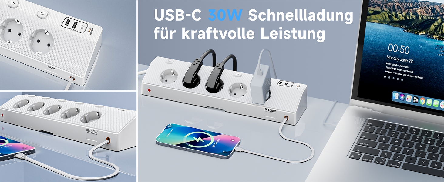 Настільний мережевий фільтр з 5 розетками та 2 USB-C (PD 30W), подовжувач з вимикачем, 4000W, кабель 2м, білий