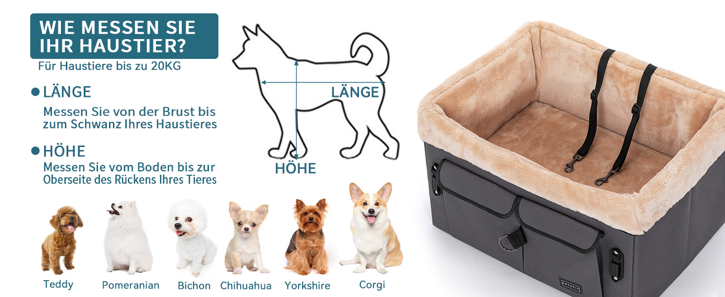 Автокрісло для собак Petsfit M, сірий: зручне автокрісло для середніх та 2 маленьких собак з підкладкою, ременями та кишенею