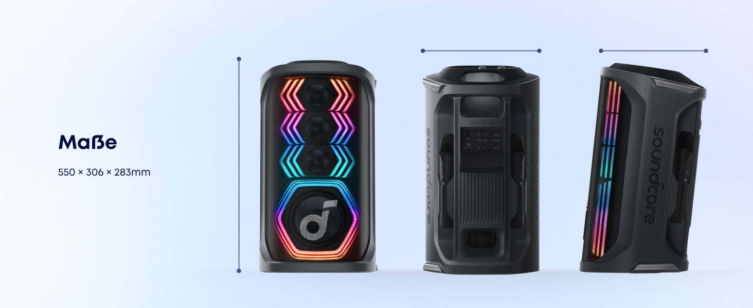 Soundcore PartyBox Rave 3S – портативна колонка з мікрофонами, 200 Вт, Bluetooth, світлодіодна підсвітка, AuraCast, 12 годин роботи, для дому та вулиці