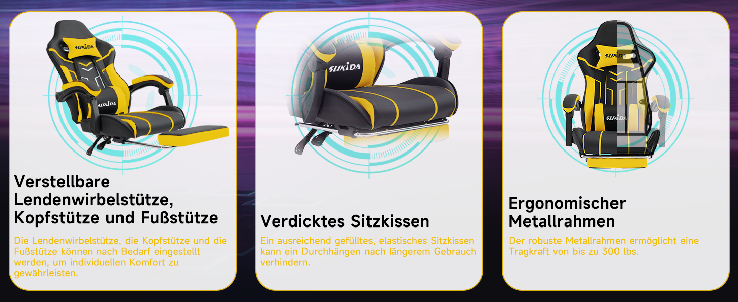Ігрове крісло SUKIDA Ergonomic Gaming Chair з підніжкою та підтримкою попереку, комп'ютерне офісне крісло (Чорно-жовте)