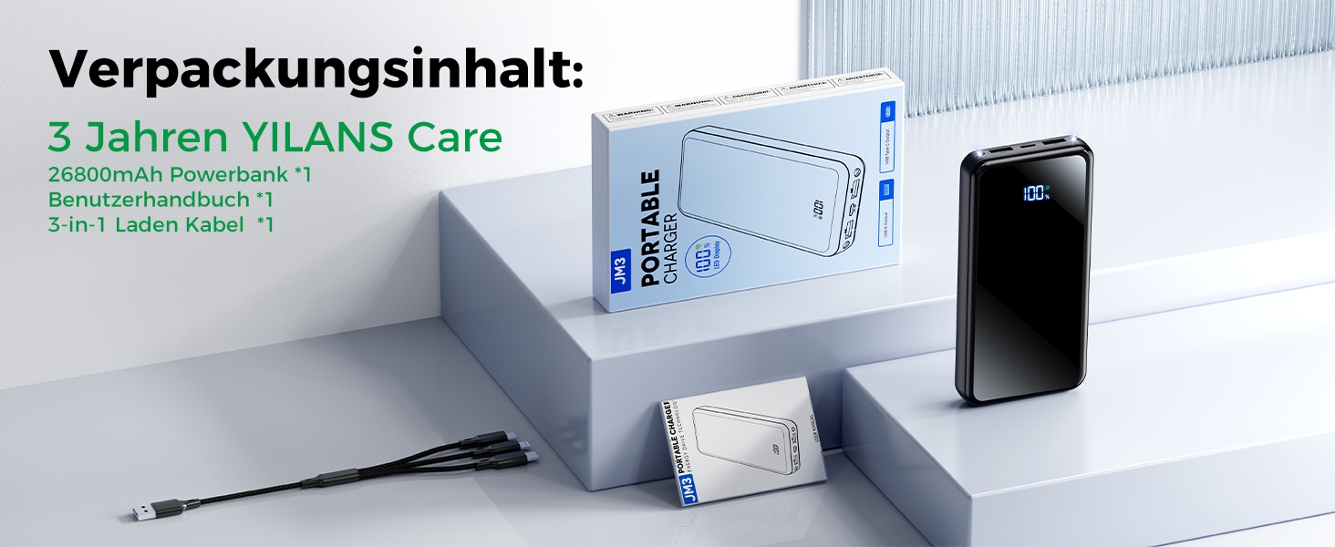 Повербанк 26800mAh з швидкою зарядкою USB-C та кабелем 3-в-1, Dual-LED ліхтарем, чорний — зовнішній акумулятор для iPhone 17/16/15, Samsung S26/S25, Xiaomi