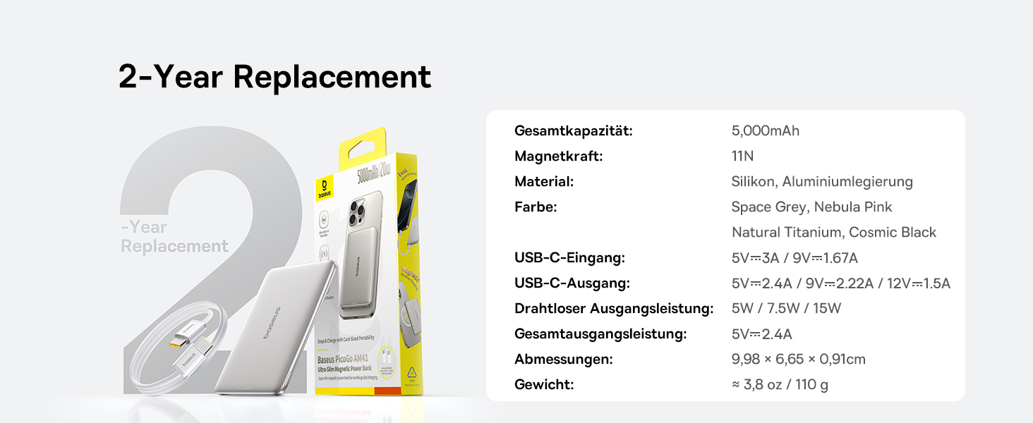 Power Bank Baseus Picogo AM41: Тонкий Magsafe Powerbank, PD 20W, 5000mAh, USB-C, для iPhone 17/16/15/14/13/12 (Titan)
