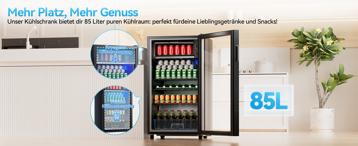 Холодильник для напоїв TriumphKEY, 85 літрів з LED-підсвіткою, скляна дверцята, 3 полиці та відділення для пляшок (сода, пиво, вино)