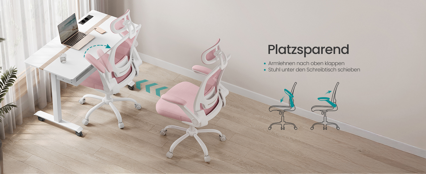 Офісне крісло SONGMICS з ергономічною спинкою, сіткою, підтримкою попереку та голови, функцією гойдання, сидінням 53 см, відкидними підлокітниками, для офісу та спальні, студентів, OBN37BK (Bonbon-рожевий, повна спинка)