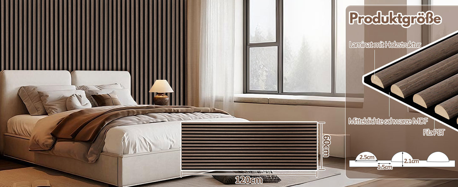 Акустичні панелі з дерева та фетру для стін 120x60 см, шумопоглинаюча обробка інтер'єру, чорний горіх (комплект 4 шт, 2.88 м²)