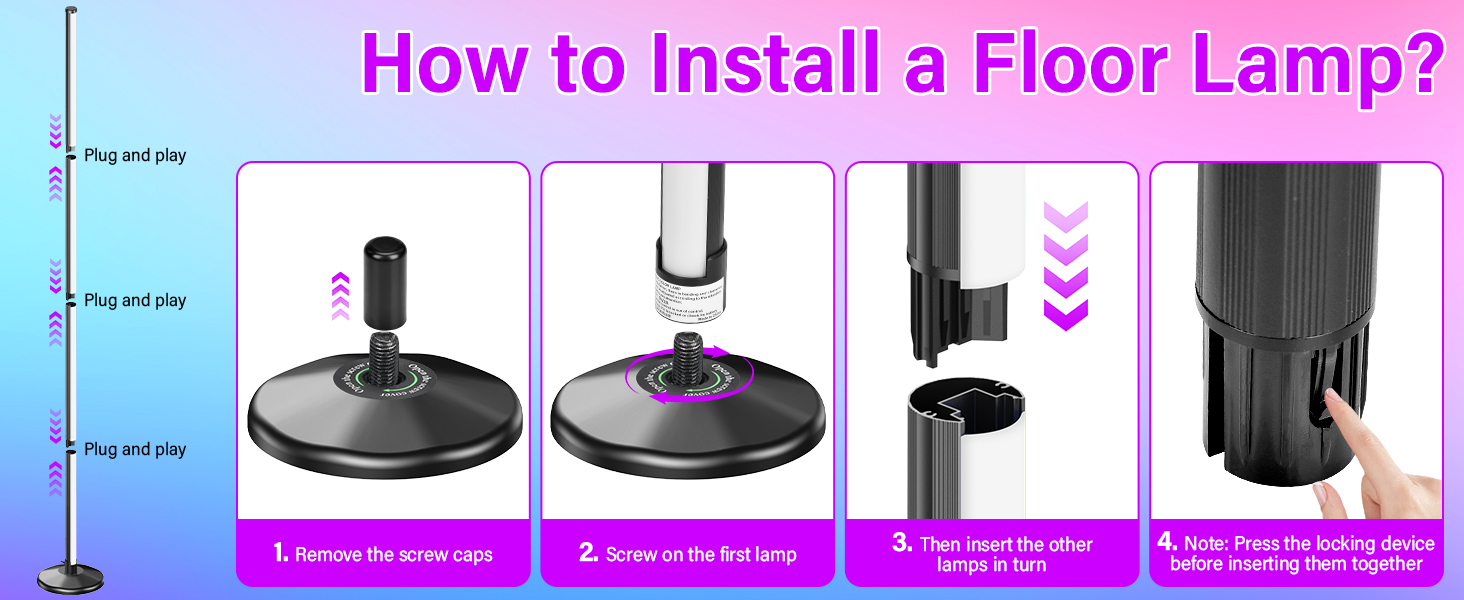 LED торшер для вітальні 145 см RGB, диммування, керування пультом/APP, 16 млн кольорів, 300 режимів, музичний режим, DIY, чорний