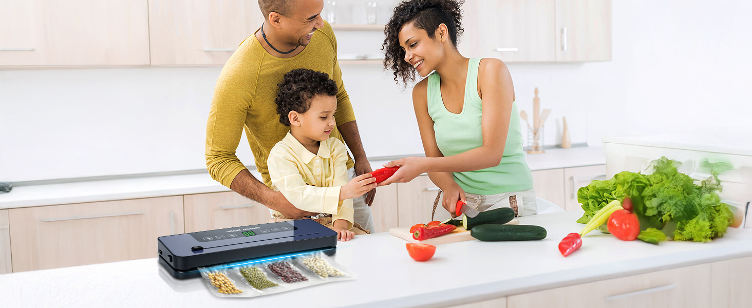 Вакуумний пакувальник 6-в-1 з цифровим LED-дисплеєм та 30 см зварювальною лінією, 50 шт. вакуумних пакетів, зовнішній шланг, для сухих та вологих продуктів, срібла