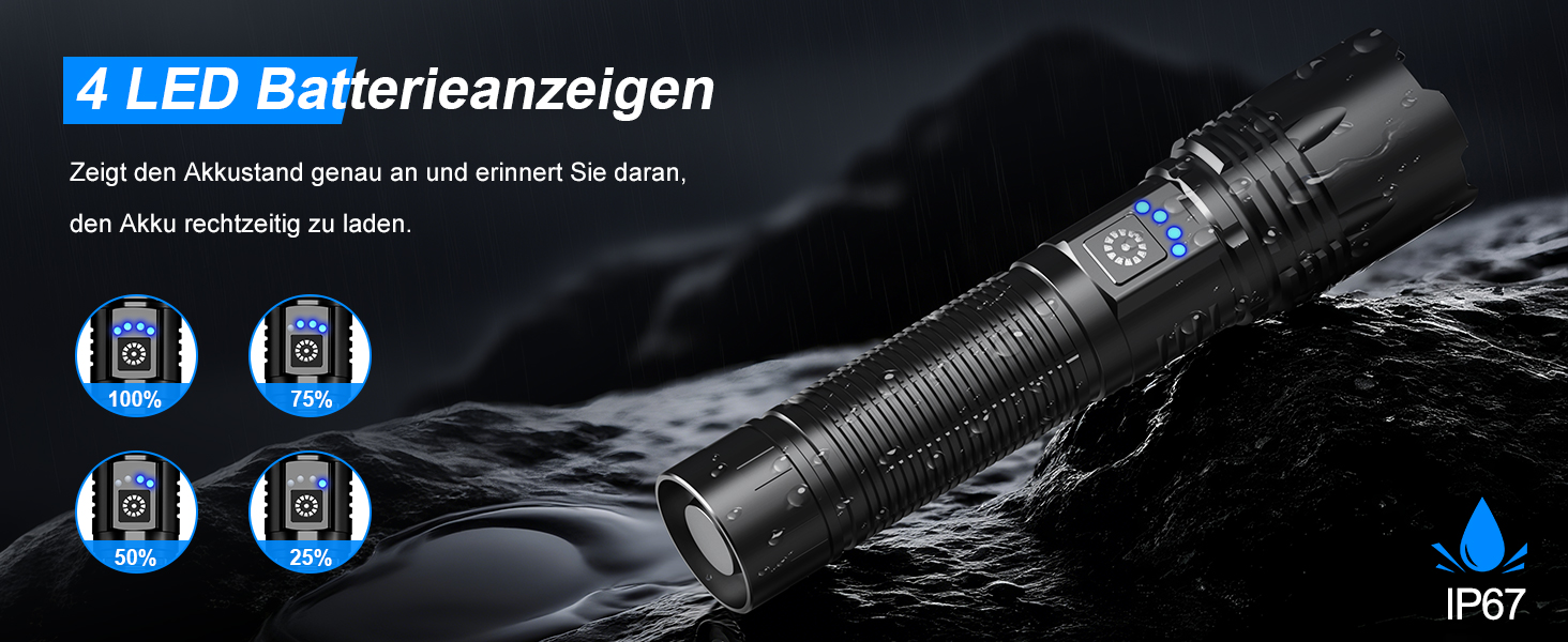 Ліхтар LED тактичний USB-C 50000 люмен, 24 години роботи, Zoom, 5 режимів, IP67, чорний