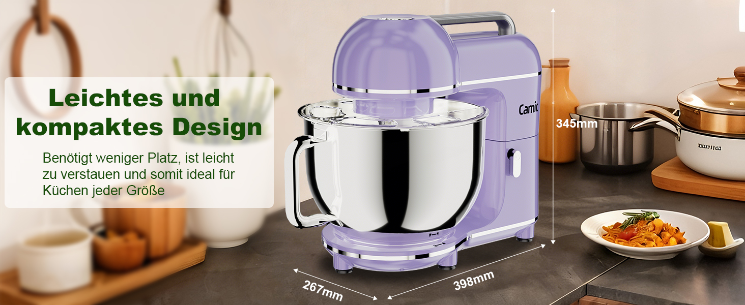 Кухонна машина Camic 2000W: планетарний міксер з чашею з нержавіючої сталі 7л, 10 швидкостями, набором насадок та захистом від бризок, світло-фіолетова