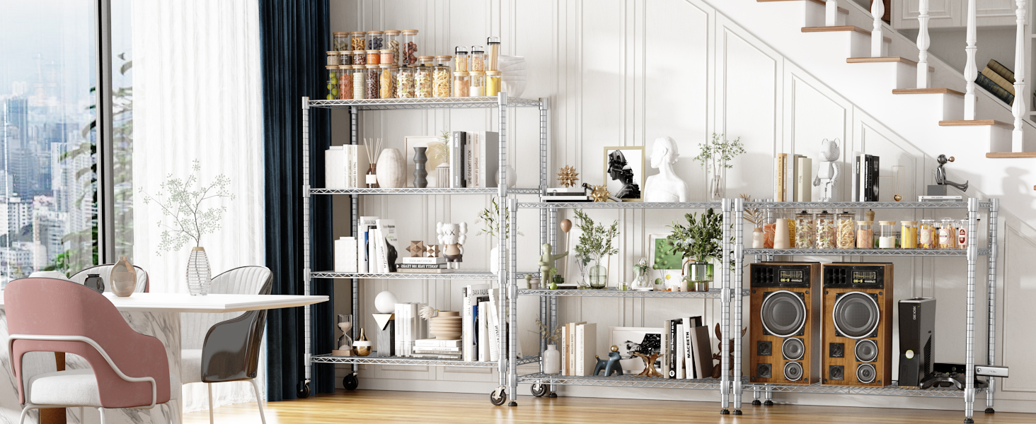 Adjustable 5-Tier Wire Shelving Unit with Wheels and Leveling Feet
