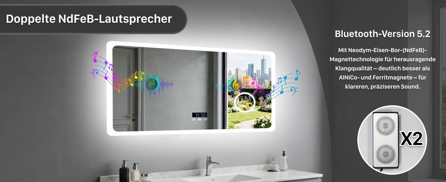 Дзеркало для ванної кімнати LUVODI з підсвічуванням 100x70 см: годинник, температура, дата, проти запотівання, регулювання яскравості, 3 кольори світла, функція пам'яті, LED, водонепроникність, збільшення 3x, Bluetooth