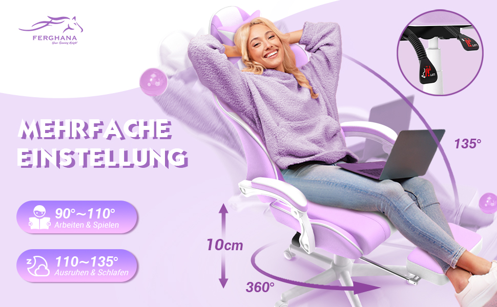 Ergonomic Gaming Chair with Footrest - Racing Style PC Gaming Chair with Headrest, Lumbar Support & Bunny Ears (Violet)