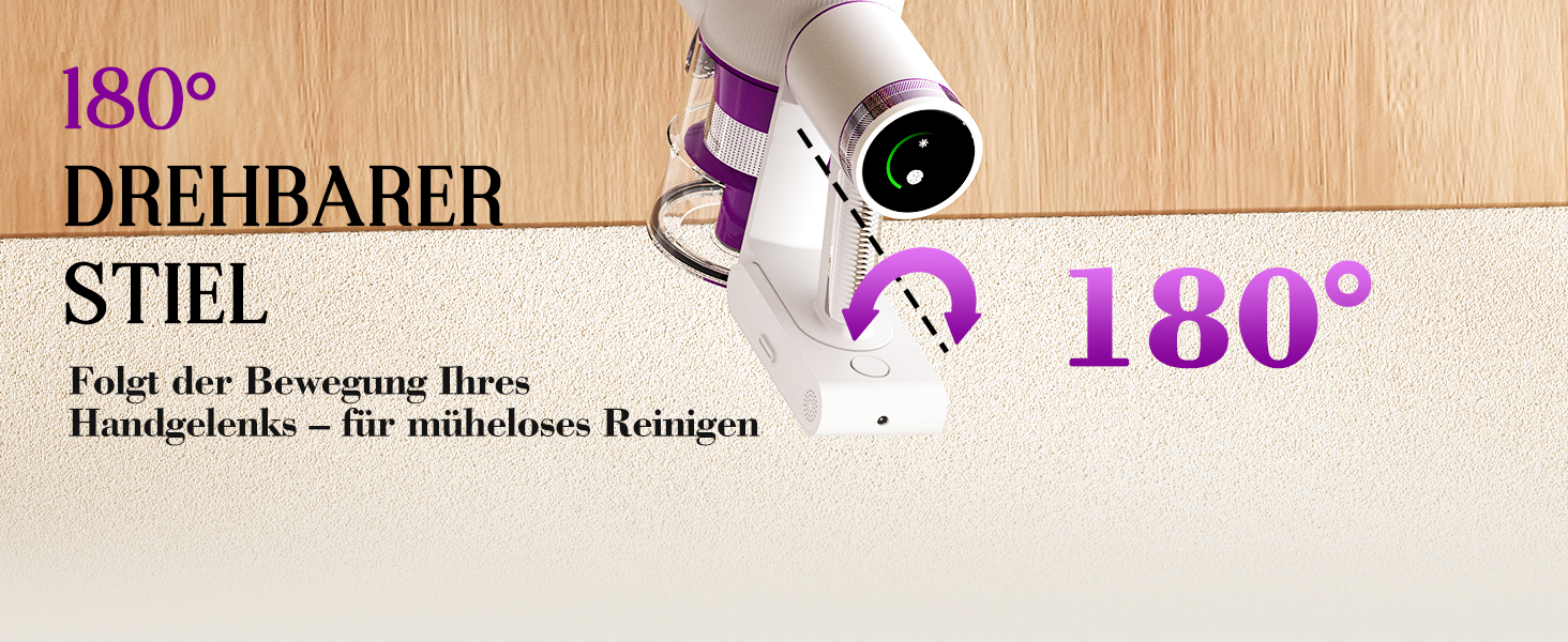 Бездротовий акумуляторний пилосос 45000 Па, 60 хв, 1.75 кг, 6-в-1 з сенсорним екраном, LED-підсвічуванням, антизаплутувальною насадкою та зарядною станцією, 7-шарова фільтрація для шерсті тварин, килимів, твердих поверхонь, авто, білий з фіолетовим