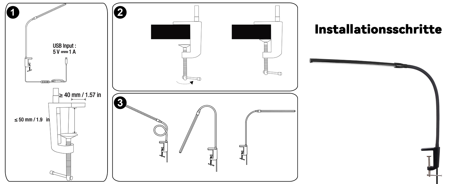 LED лампа для столу Homefire: регульована, чорна, з 3 кольорами та 5 рівнями яскравості, USB, для офісу та навчання