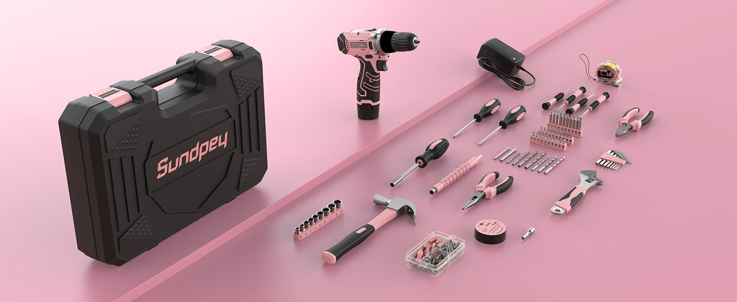 Набір інструментів Sundpey 206tlg з акумуляторною дрилем 12V для ремонту вдома та DIY, рожевий