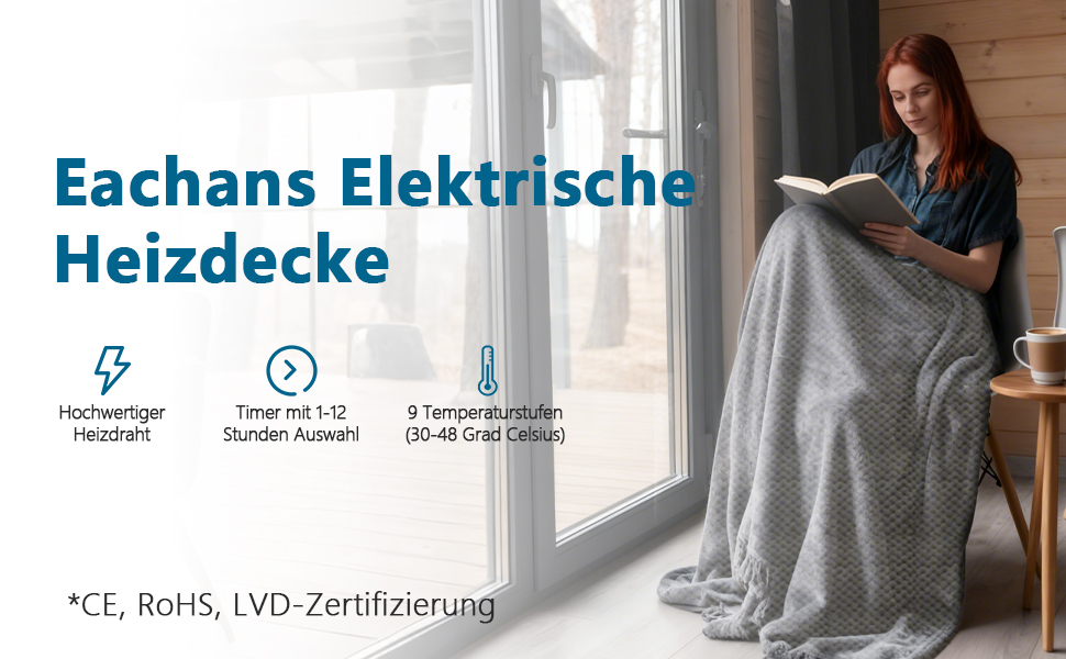 Електрична ковдра Eachans 180x150 см з автовимкненням, 9 режимів нагріву та таймером 1-12 годин, пральна фланелева Sherpa ковдра для ліжка та дивану, підігріваюча ковдра, плед 180*150 см
