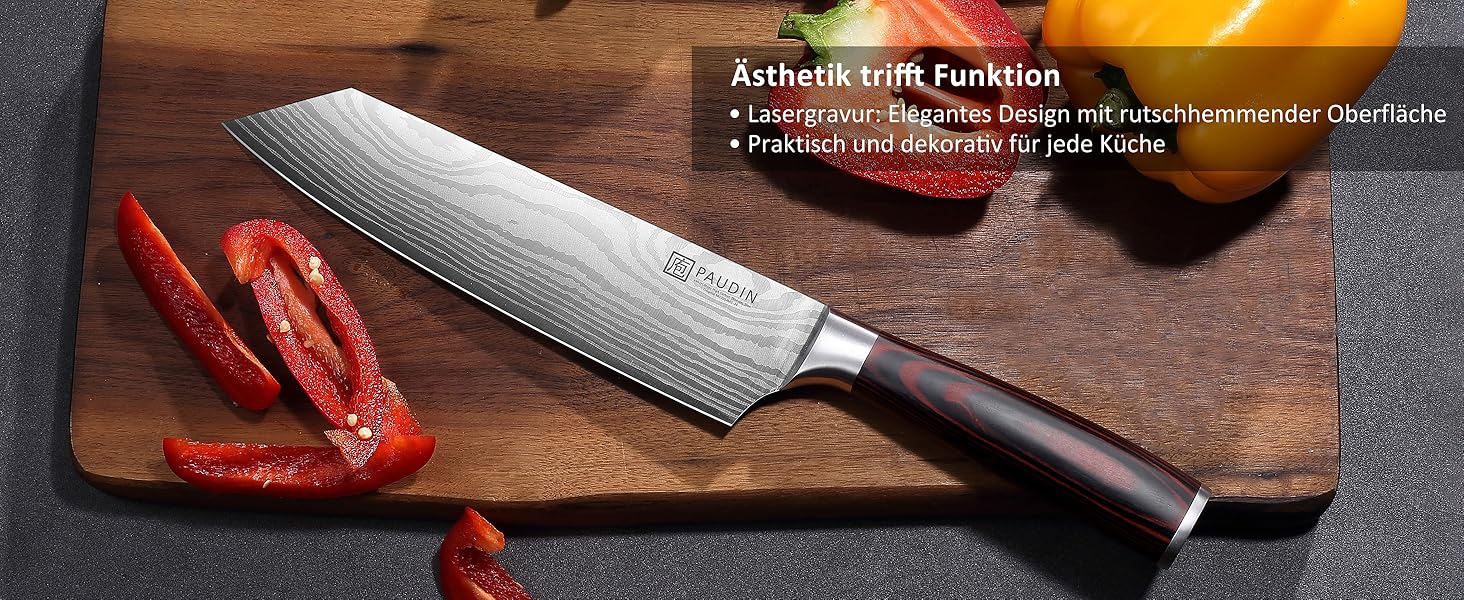Японський ніж Santoku від Paudin, 20 см, Kiritsuke, з високоякісної сталі, ергономічна ручка, для м'яса, риби та овочів
