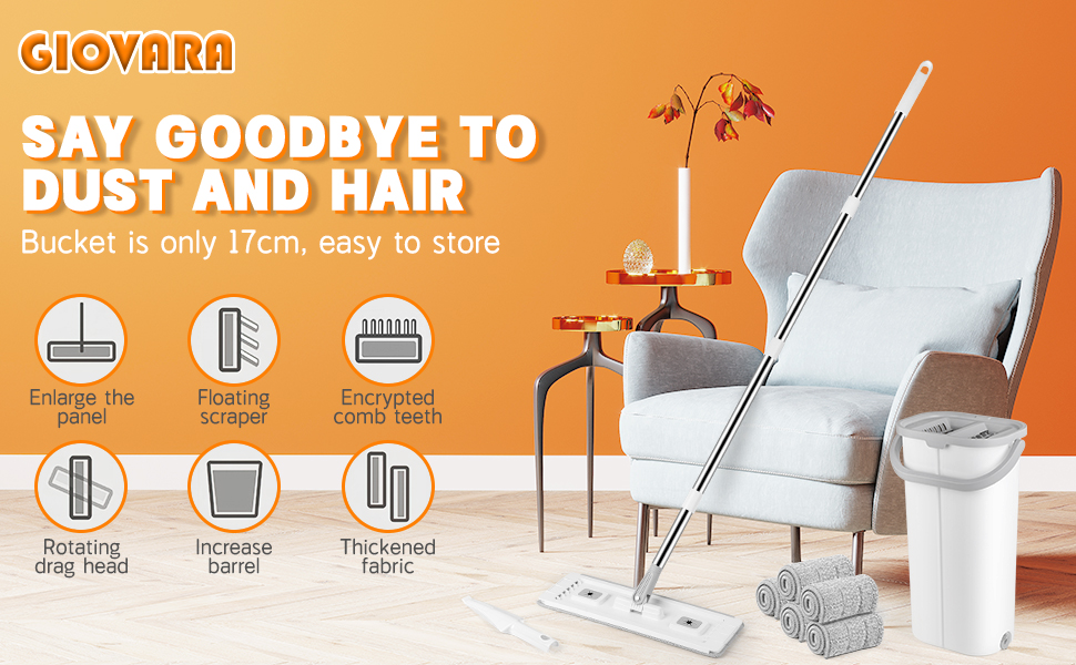 Набір для миття підлоги з відром GIOVARA: моп з відром, система віджиму, мікрофібра, 6 насадок, для всіх типів підлоги, білий