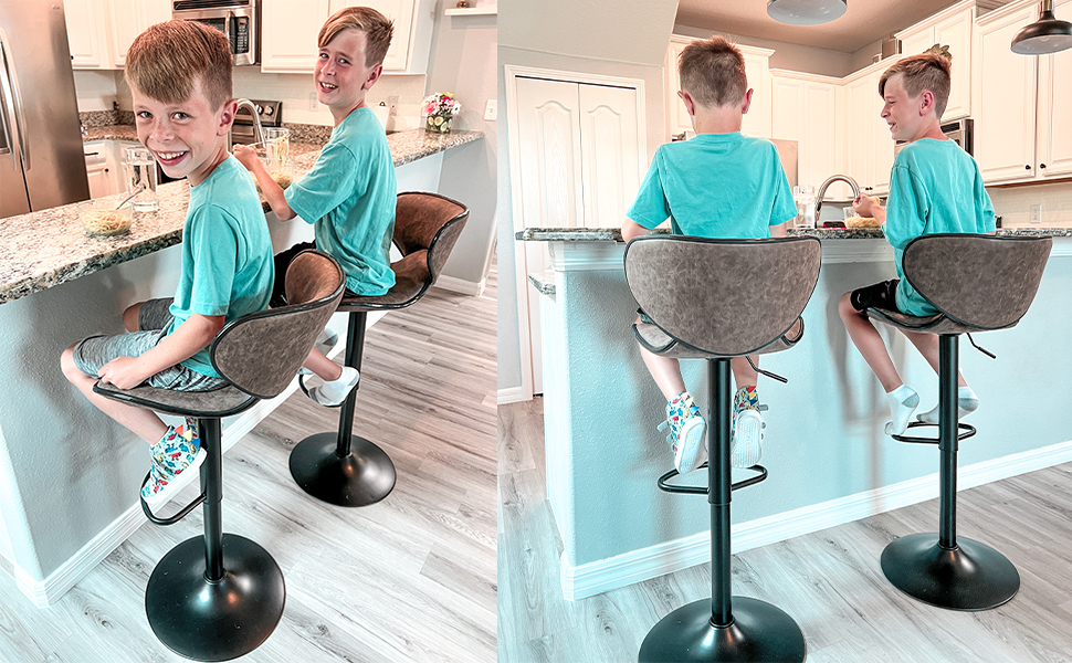 Alpha Adjustable Height Bar Stools 2-Pack - Swivel PU Leather Kitchen Bar Chairs with Footrest - 160KG Capacity (Brown)