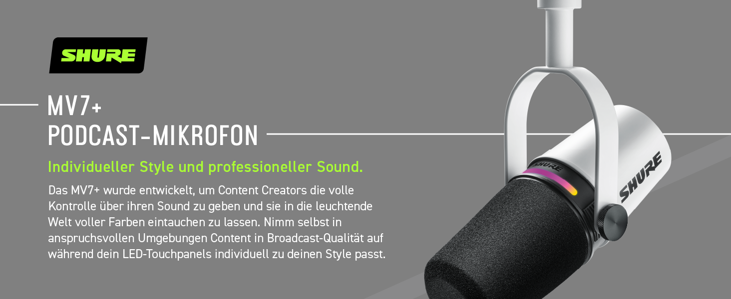 Мікрофон Shure MV7+ Gen 2 для подкастів, стрімінгу та запису – білий. USB/XLR, LED-сенсор, авто-регулювання рівня, цифровий поп-фільтр