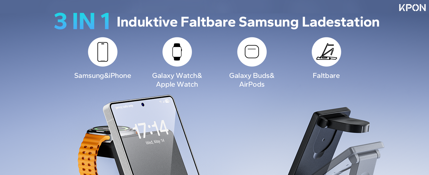 Бездротова зарядна станція 3-в-1 KPON для Samsung Galaxy Watch та смартфонів (S26/S25/S24/S23/S22/Z Flip/Fold, Buds) - Чорна, складна, індуктивне заряджання