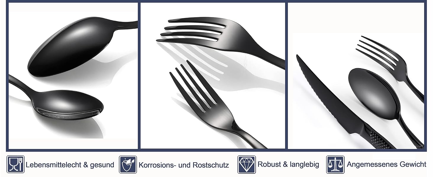 Сучасний набір столових приборів на 24 предмети: чорний, з нержавіючої сталі 18/10, з ножем 2-в-1 з хвилястим лезом, для 6 осіб