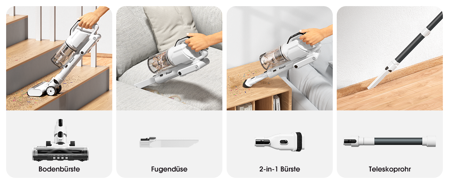 Бездротовий пилосос Klarpul 4800Pa з LED-дисплеєм та антизаплутувальною насадкою, 65 хвилин роботи, швидка зарядка 2 години, для твердих поверхонь та килимів, срібний