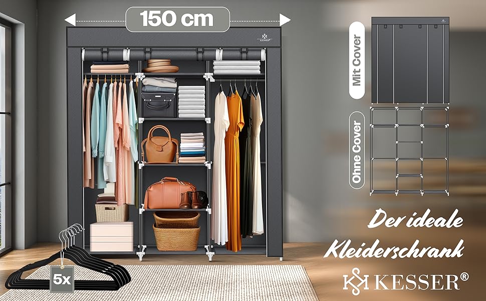 KESSER® Wardrobe Clothes Rack Stable with Clothes Rail & Shelves, Incl. 5x Clothes Hangers, Fabric Folding Wardrobe for Bedroom, Dressing Room Closet with Clothes Stand 150x45x175cm (Anthracite)