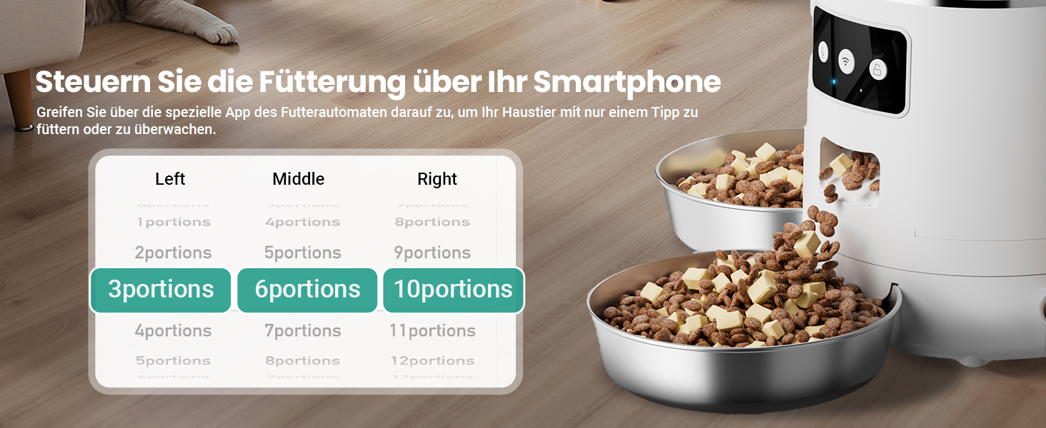 Автоматичне годування для котів з APP та таймером, 6 л / 25 порцій, 3 миски, 3 пакети силікагелю, система запобігання застрягання, WiFi 2.4G, запис голосу 10 сек, годівниця для котів та собак (білий)