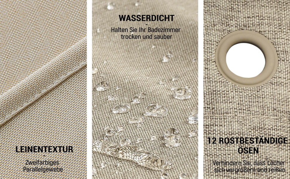 Тканинна шторка для душу BTTN, 180x200 см, льонова текстура, антигрибкова, пральна, текстильна, з 12 гачками, сучасна, водонепроникна, з обтяжувачем, декор з поліестеру, кремовий (хакі, однотонна, H200 x B180 см (1 шт))