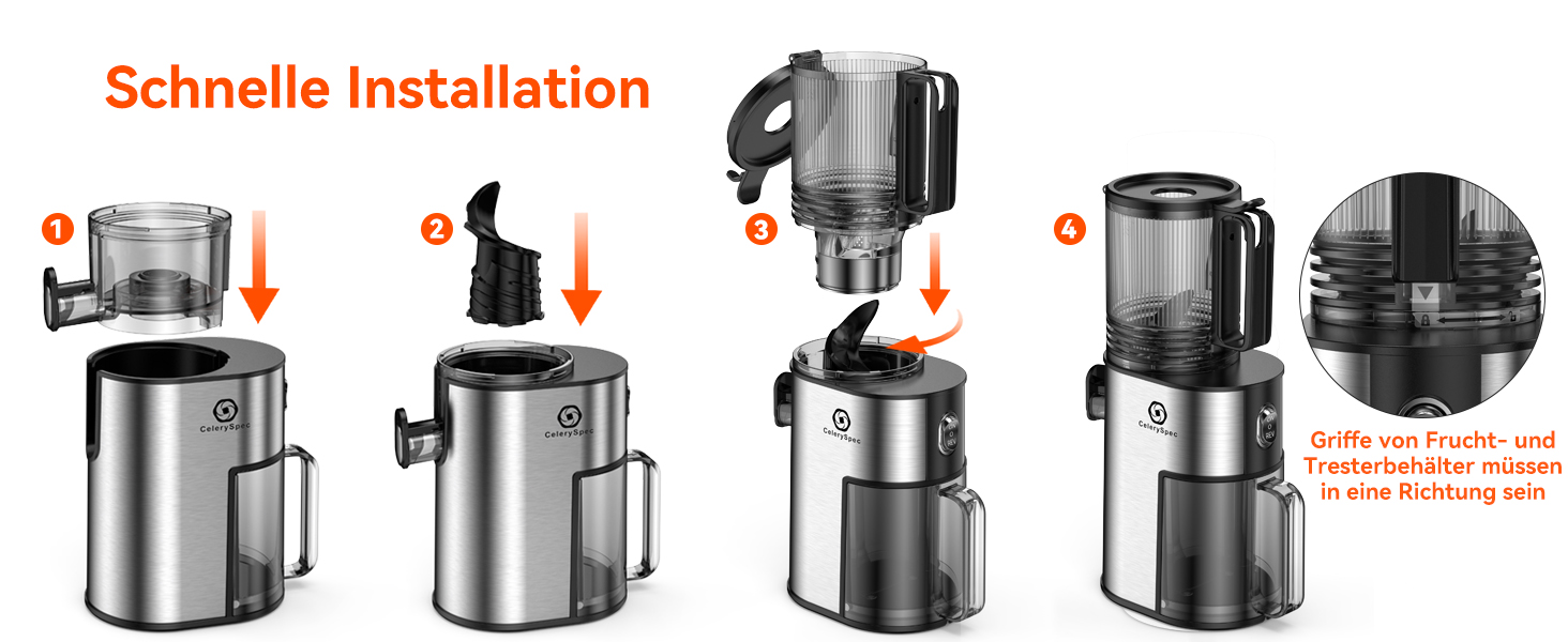 Соковитискач CelerySpec Slow Juicer - переможець тесту, для цілих овочів та фруктів, 130 мм, 1.8л, BPA-free, 250W, з функцією зворотного ходу, нержавіюча сталь, чорний