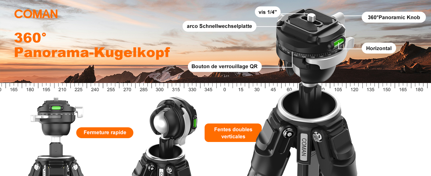 Карбоновий штатив COMAN Zero F38 з панорамною кулеподібною головою 360°, легкий дорожній трипод для DSLR-камер та відео, висота 15,3–156,7 см, максимальне навантаження 18 кг