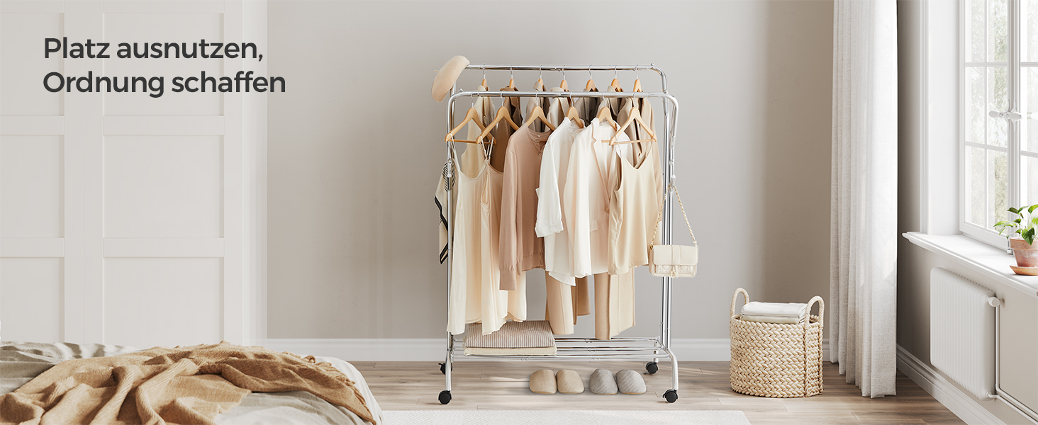 Стійка для одягу SONGMICS на колесах, 2 перекладини, срібна, до 100 кг, 103,5 см