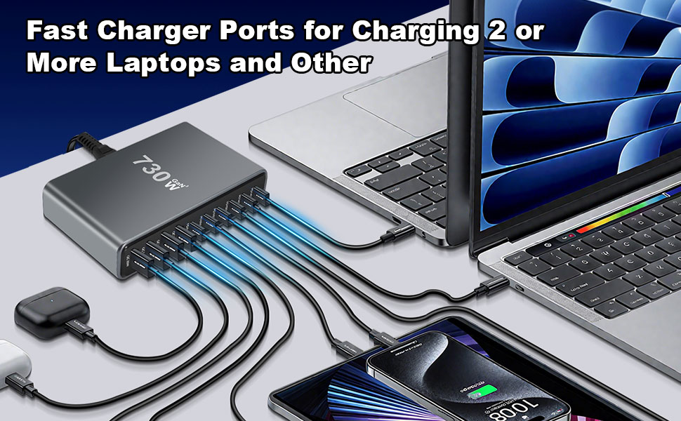 Зарядний пристрій GaN III USB C 730W, 10 портів (6x USB-C, 4x USB-A), PD 140W/100W/65W/30W для MacBook, iPhone, iPad, Samsung Galaxy - Швидка зарядка