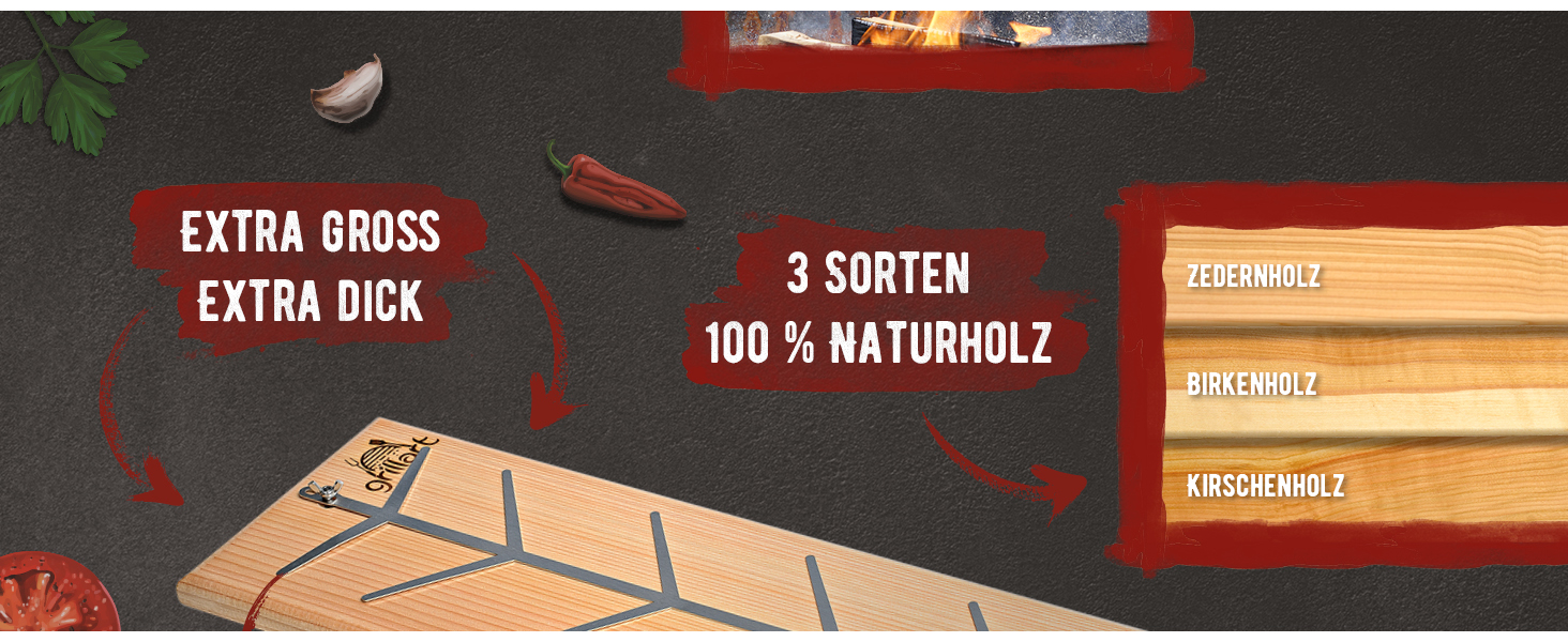 GrillArt® XXL Преміум дошка для лосося на гриль – 180° обертання, 5-позиційне регулювання, для гриля та вогнища, 55х18 см (вишня)