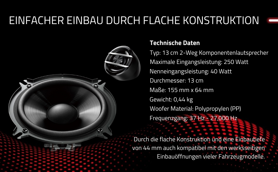Автомобільна акустика Pioneer TS-G130C 13 см, 250 Вт, 2-смугові компонентні динаміки, потужний звук, IMPP-дифузор, оптимальний бас, 40 Вт RMS, монтажна глибина 44 мм, чорні, 2 шт.