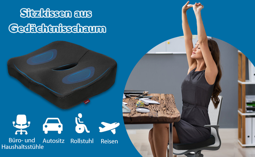 Подушка ортопедична для сидіння з піни Memory Foam, чорна 45x40 см. Зняття болю в спині, попереку, куприку та при ішіасі. Для офісного крісла, авто, інвалідного візка.