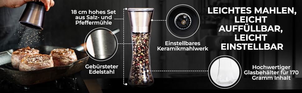 Набір меланець для солі та перцю HOME EC - 2 шт. з регулюванням, з воронкою, з інструкцією, 7 дюймів, прозоре скло