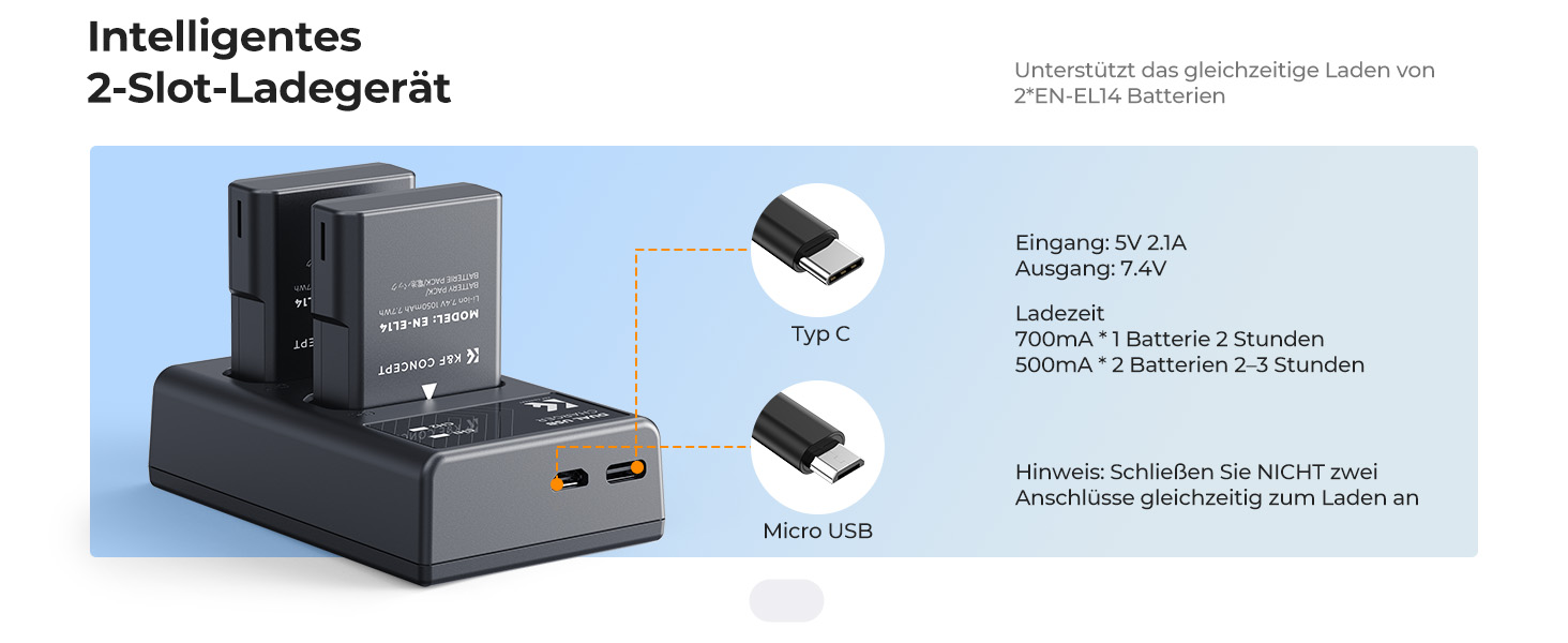 Акумулятор K&F CONCEPT EN-EL14 (2 шт.) та зарядний пристрій 2xUSB для Nikon D3500, D5600, D3200, D3300, D3400, D5500, Coolpix P7800, P7700, P7200, P7100, P7000