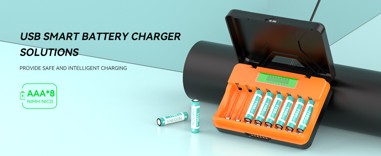 Зарядний пристрій ENEGON 8-Fach LCD для AA/AAA акумуляторів + 8 AAA Ni-MH 1100mAh, USB-C станція для пультів, термометрів та електроніки
