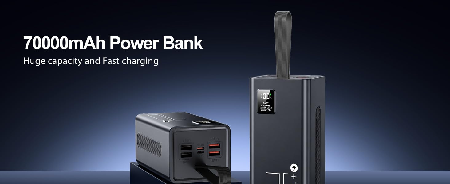 Power Bank 70000mAh 30W PD USB-C: Зовнішній акумулятор для iPhone, Samsung, планшетів - Чорний