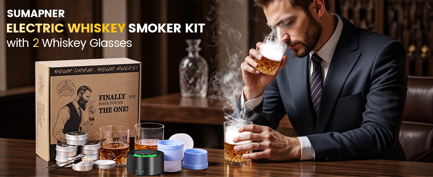 Електричний набір для копчення віскі з 2 склянками, 6 смаків дерев'яної стружки, 2 форми для кубиків льоду, для коктейлів Bourbon Old Fashioned, подарунок для чоловіків, батьків, коханих, без бутану