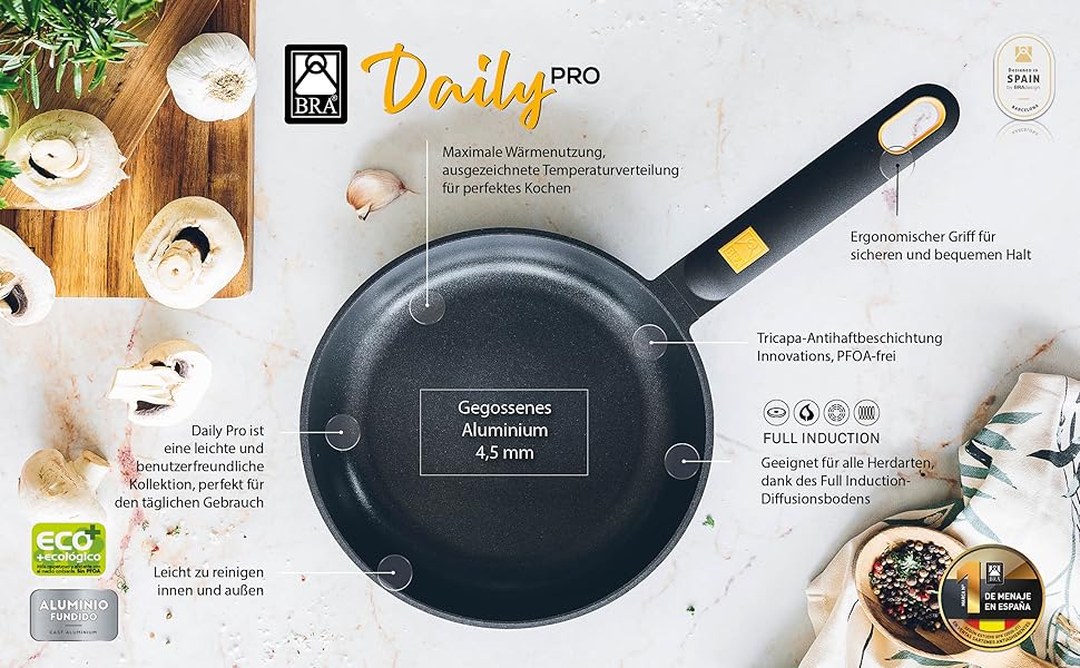 Набір сковорідок BRA Daily Pro з литого алюмінію, 3 шт. (20, 24, 28 см), тришарові антипригарні, без PFOA, для всіх типів плит, індукція, чорний/жовтий