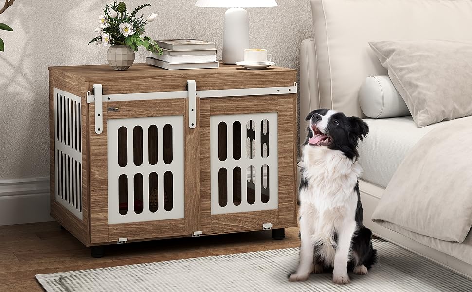 Клітка для собак PawHut з ковзними дверима, середнього розміру, з регульованим столиком, 80 x 59 x 63 см, горіхове дерево