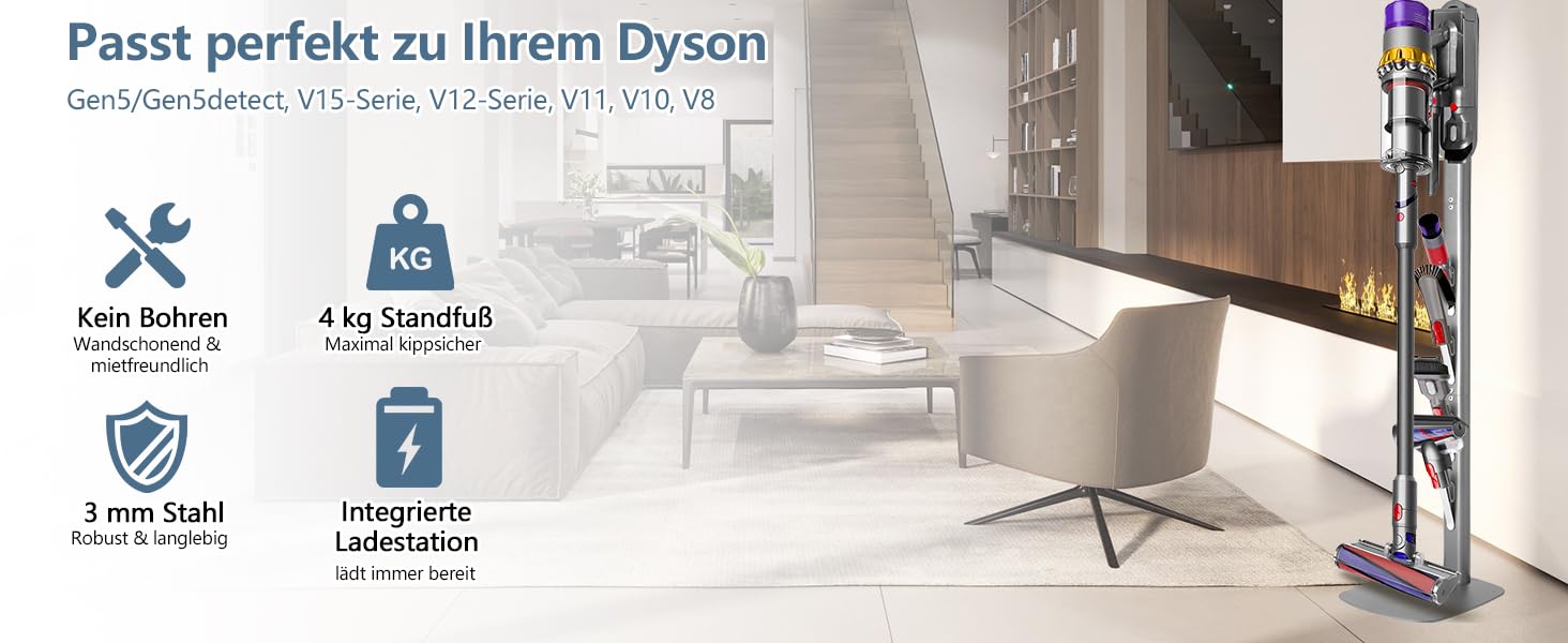 Тримач для пилососа Dyson Wandhalterung з зарядною станцією для V8–V15 та Gen5 – стабільний тримач для акумуляторного пилососа з органайзером для аксесуарів, щіток та кабелів (срібний)