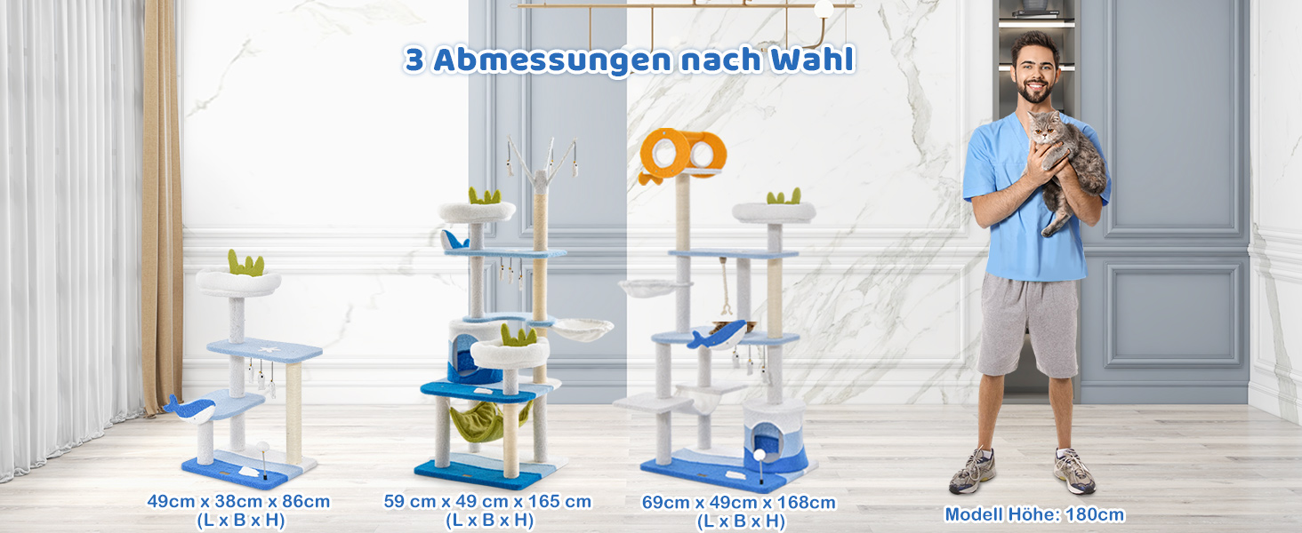 Кігтеточка для котів COSTWAY Ocean-серія з будиночком, гамаком та іграшками, блакитна (59x49x165 см)