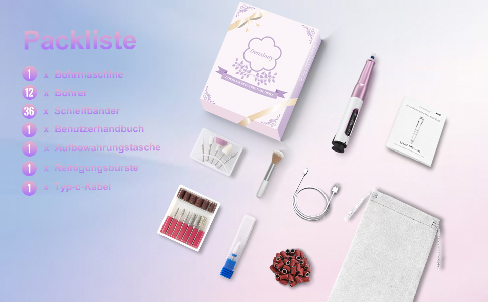 Електричний фрезер для нігтів Denabuty DN-2502Z Violett: 12-в-1, USB, 5 швидкостей, манікюр/педикюр