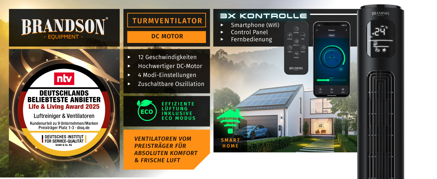 Турбовентилятор Brandson ECO з DC мотором: тихий, Wi-Fi, Smart Home, керування через додаток/Alexa, осциляція, чорний