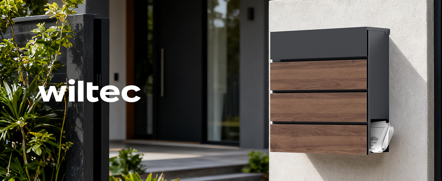 Поштова скринька настінна V63 Anthrazit з дерев'яним декором, сталь, з замком та м'якою кришкою, 410x130x370 мм