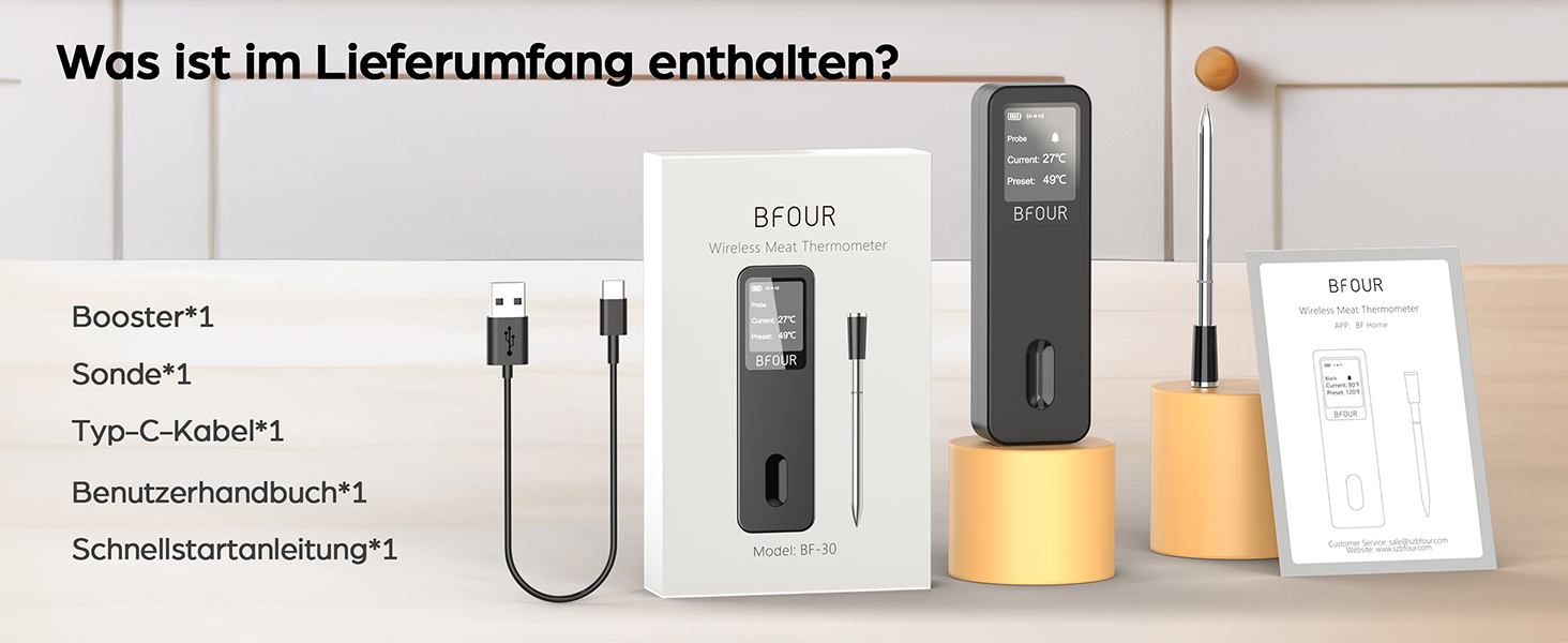 Бездротовий термометр для м'яса BFOUR 2025 з Bluetooth, подвійний сигнал, моніторинг через додаток, водонепроникний IP67, для приготування BBQ, гриля, духовки, коптильні та ротатерії